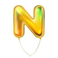 Gold metallic balloon, inflated alphabet symbol N vector