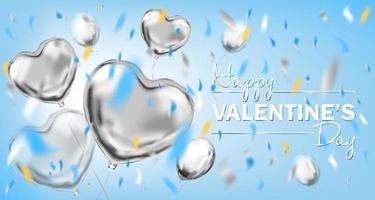 Happy Valentines Day sky blue card with metallic heart shape balloons vector