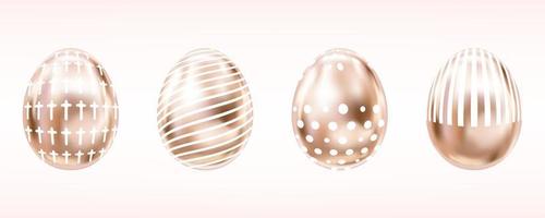 Four glance metallic eggs in pink color wit white cross, dots and stripes. Isolated objects for Easter vector