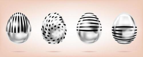 Four silver eggs on the pink background. Isolated objects for Easter. Stripes and dots ornate vector