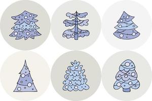 A hand-drawn christmas tree. Vector illustration in doodle style. Winter mood. Hello 2023. Merry Christmas and Happy New Year. Blue trees with a toys on a gray background.