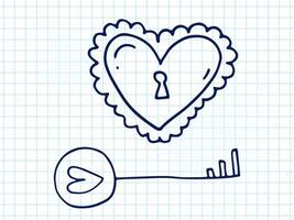 Set of cute hand-drawn doodle elements about love. Message stickers for apps. Icons for Valentines Day, romantic events and wedding. A checkered notebook. Heart-shaped locks and keys. vector