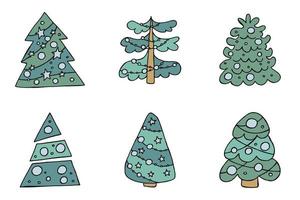 A hand-drawn christmas tree. Vector illustration in doodle style. Winter mood. Hello 2023. Merry Christmas and Happy New Year. Green trees with a blue toys.