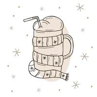 Hot chocolate in a glass with a scarf. Warm cocoa with a snowflakes on a white and brown background. Vector illustration in doodle style. Winter mood. Hello 2023. Merry Christmas and Happy New Year.