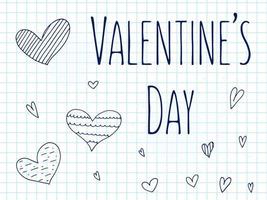 Big set of cute hand-drawn doodle elements about love. Message stickers for apps. Icons for Valentines Day, romantic events and wedding. A checkered notebook. Hearts with stripes and texture. vector