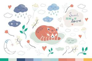 Cute collection with red panda, clouds and plants. Set of vector illustrations in simple hand-drawn style. Ideal for baby nursery decor, baby shower, posters, children's clothing, books, textile.