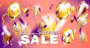 banner de ventas y ofertas de temporada con globos metálicos sobre fondo violeta y rosa vector