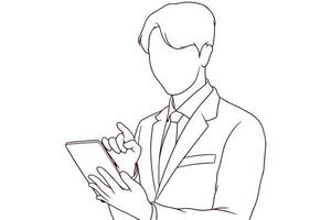 young businessman working with tablet hand drawn style vector illustration