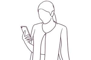 mujer de negocios mirando su teléfono ilustración de vector de estilo dibujado a mano