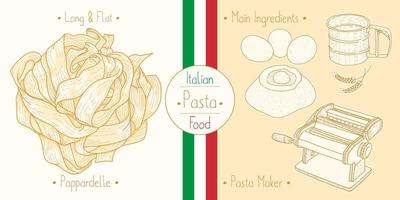 Cooking italian food Pappardelle Pasta, ingredients and equipment vector