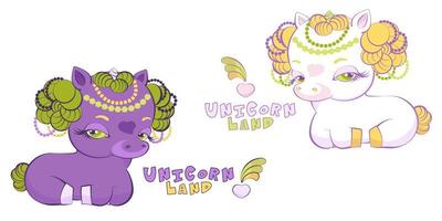 Cute little wite and purple princess unicorns vector