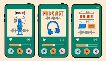 Set of phone screens with audio and podcast theme. Podcast recording and listening, broadcasting, online radio, audio streaming service concept. Hand drawn vector isolated illustrations