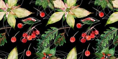 Christmas traced floral watercolor black seamless pattern vector