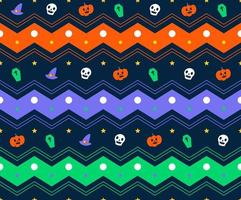 lindo mínimo feliz halloween horizontal zig zag raya línea a cuadros patrón de guinga fantasma, cráneo, calabaza, ataúd, sombrero de bruja vector