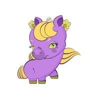 linda niña violeta unicornio con cabello amarillo vector