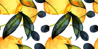 Lemons and olives seamless pattern with traced watercolor