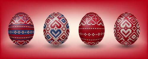 Red Paschal eggs decorated with knitting patterns vector