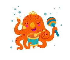 lindo pulpo naranja tocando tambor y maracas vector