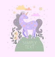 dibujo de un unicornio lila que se alza sobre una colina sobre un fondo rosa con nubes y estrellas. plantilla para póster, postal, invitación. vector