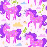 Pink unicorns with purple mane and apples on their bodies surrounded by clouds and stars. Pattern. vector