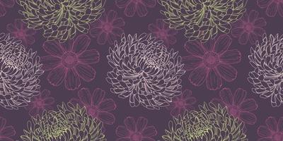 Floral purple seamless pattern with chrysantemum and cosmos flowers vector