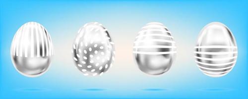 Four silver eggs on the sky blue background. Isolated objects for Easter. Stripes and dots ornate vector