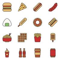 vector de conjunto de iconos de línea llena de comida rápida