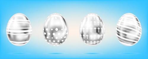 Four silver eggs on the sky blue background. Isolated objects for Easter. Cross, dots and stripes ornate vector