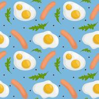 Vector pattern with scrambled eggs, sausages and arugula