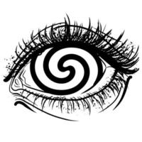 Realistic human eye with spiral hypnotic iris vector graphic illustration. Close-up black drawing hypnosis eyeball with lashes isolated on white background. Optical illusion concept