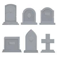 Collection of different various gravestones vector graphic illustration. Cartoon grey grave decoration set isolated on white background. Concept of funeral ceremony design