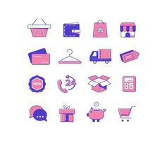 Shopping icons set. Symbols of trade and marketing credit card piggy bank ecommerce calculator with trolley. vector