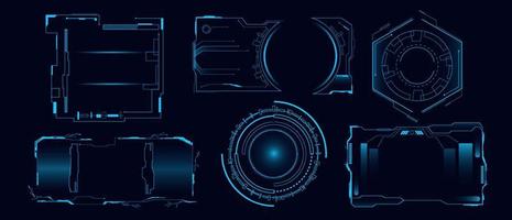 Set of futuristic hi tech hud interface vector flat illustration. Collection of sci fi modern digital screen isolated on black background. Cyber hologram dashboard panel. Control virtual element