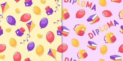 School holidays and graduation seamless pattern. Red and purple balloons with kites yellow backpacks with book. vector