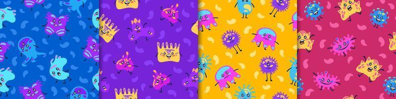 Bacteria and viruses seamless pattern. Cartoon pathogens in blue and red microorganisms causing epidemics. vector