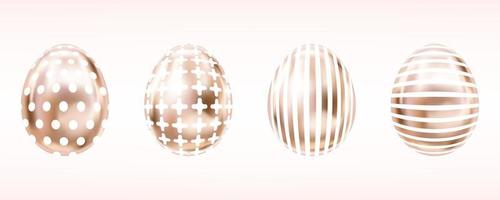 Four glance metallic eggs in pink color with white cross, stripes, dots. Isolated objects for Easter vector