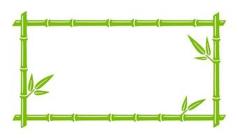 Green bamboo trunk rectangle frame. Natural text box. Bamboo branch border with leaves. Blank frame template. Vector illustration isolated in flat style on white background