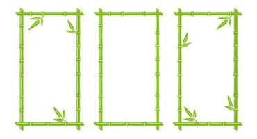 Green bamboo trunk rectangle frames. Vertical natural text boxes. Bamboo branch borders with leaves. Blank frame template. Vector illustration isolated on white background