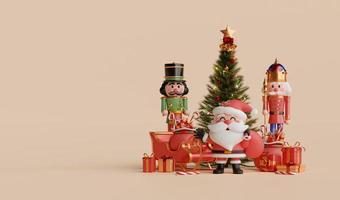 Christmas banner of Santa Claus with Christmas tree, gift box and nutcracker, 3d illustration photo