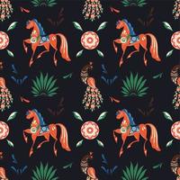 Russian folk dark seamless pattern with horse and peacock vector