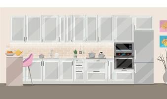 Flat illustration white Kitchen on beige background with kitchen accessories - fridge, oven, microwave. Dining table with 4 chairs by window with transparent curtains, tea, teapot.
