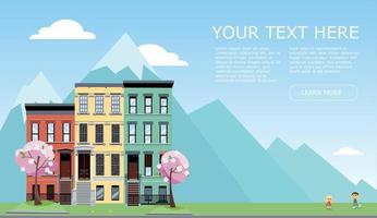 Horizontal banner with free spase tor text. Spring city street with mountains. 3 houses with blooming pink trees, grass lawn and playing children.Day Street cityscape. Flat cartoon vector illustration