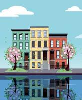 Colored apartment buildings on lake. Facades of buildings are reflected in mirror surface of water. Flat cartoon vector illustration of spring city. Three-four-story colorful houses. Street cityscape.
