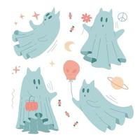 Set of Halloween cats ghost characters in mascarade bedsheet costumes and other holiday symbols. Flat vector hand drawn character.