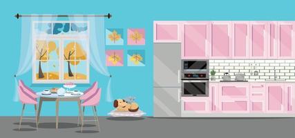 Flat illustration Kitchen set of pink color on blue background with cat dog ang kitchen accessories- fridge, oven, microwave. Dining table by window with tea and teapot. outside the window is autumn. vector