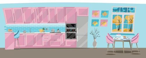 Flat illustration Kitchen set of pink color on blue background with kitchen accessories - pots, kettle, fridge, oven, microwave. Dining table by window with tea and teapot.