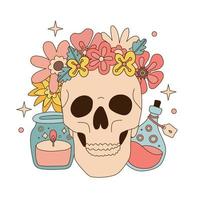 Human skull in flower floral with magic flask, witch bottle, magic potion and candle. Vintage halloween drawing, Hand drawn 70s mystical magic and witchcraft concept. Aesthetic vector illustration.