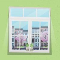 Window with view of houses on street with road in town, pink trees in blossom. Spring interior with plants and textured light green wallpaper. Sunny weather outside. Flat cartoon vector illustration.