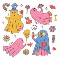 Big set of 70s halloween psychedelic ghosts characters. Retro groovy graphic clipart elements in hippie style. Cartoon linear hippy stickers. Vintage vector illustrations