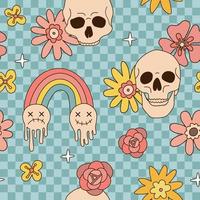 patrón sin costuras de halloween con cráneo óseo maravilloso hippie con arco iris y flores de margarita. boho estético cerebro fondo a cuadros. Diseño vectorial dibujado a mano con superficie floral de vacaciones de otoño. vector